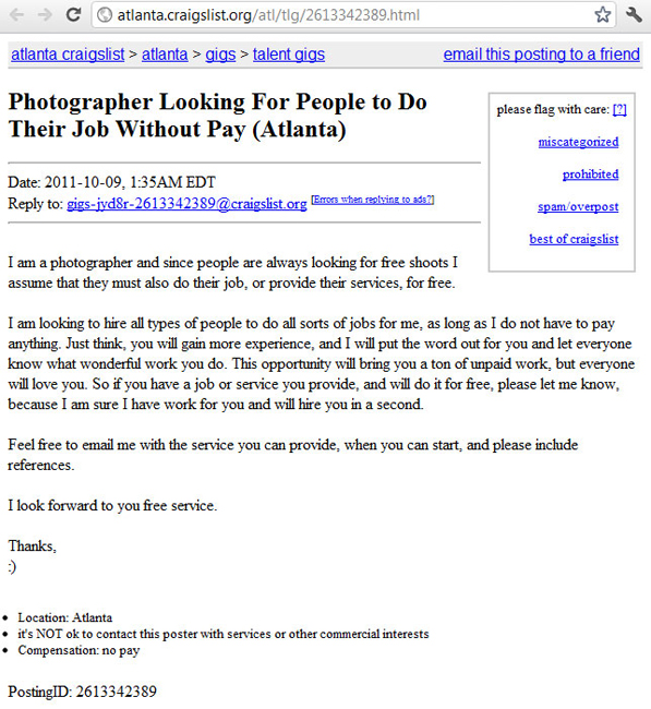 Photographer Looking For People To Do Their Jobs For Free